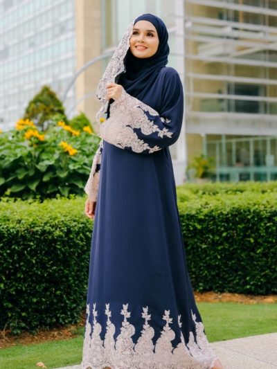 Luna Lace Abaya Dark Blue - Beige