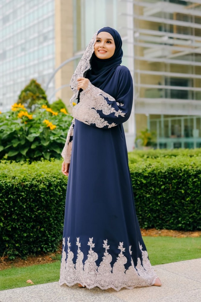 Ready Stocks Luna Lace Abaya Dark Blue - Beige