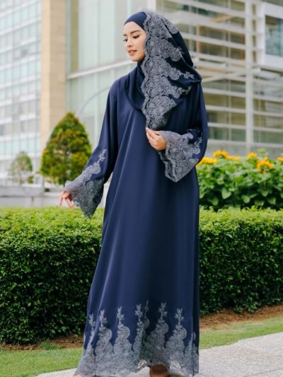 Luna Lace Abaya Dark Blue - Grey Lace