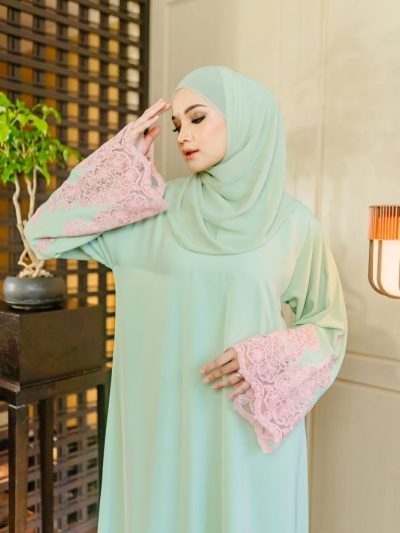 Luna Abaya Light Green - Pink Lace