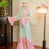 Ready Stocks Amel Abaya Pleated Light Green - Pink Lace