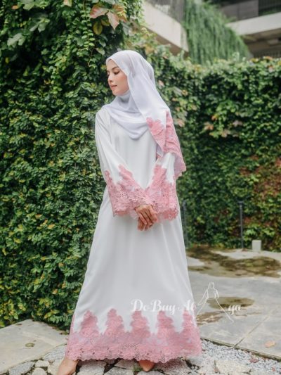 Alina Abaya White  Pink Lace